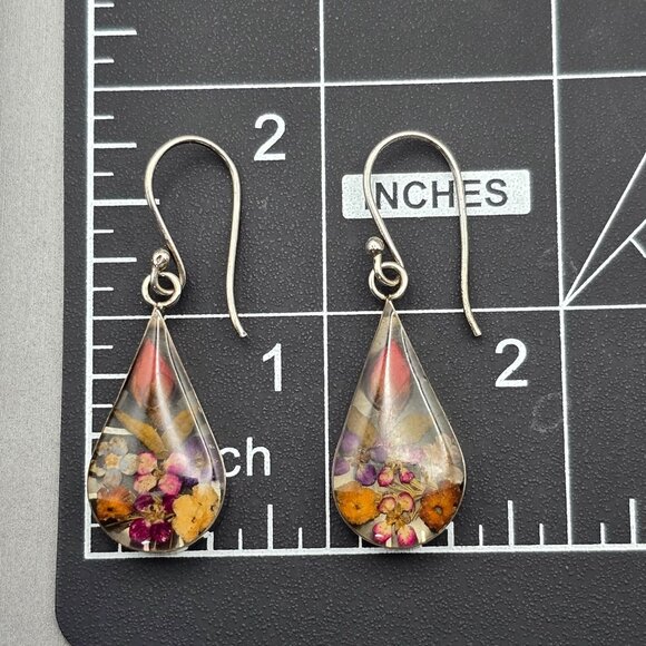 Sterling Silver Lucite Earrings 1.75" Dried Flowers Teardrop Shape ATI Mexico - Picture 9 of 10